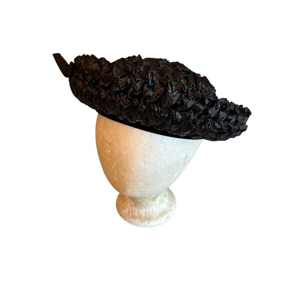 Vintage 60\'s Retro Black Woven Straw Hat Bow Detail Original Box‎ main image 4
